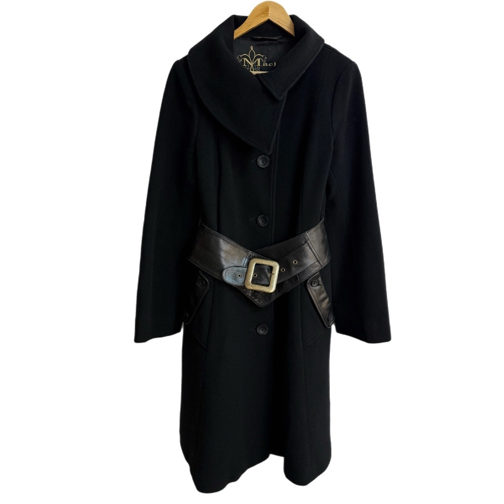 Mackage black wool cashmere coat with leather belt & trim - 🇨🇦 Made in Canada